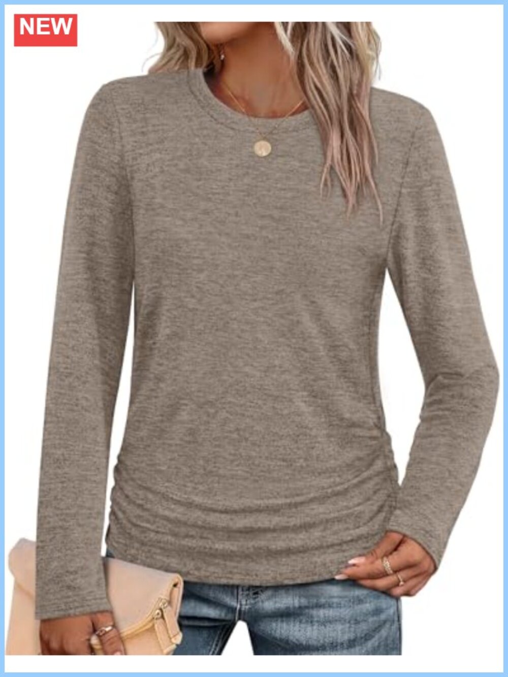 Long Sleeve Ruched Tunic Sweater, Stretchy Solid Crew Neck Top, For Work Casual